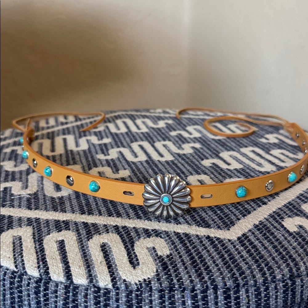 New Handmade Brown Leather Hatband with Turquoise and Silver Accents